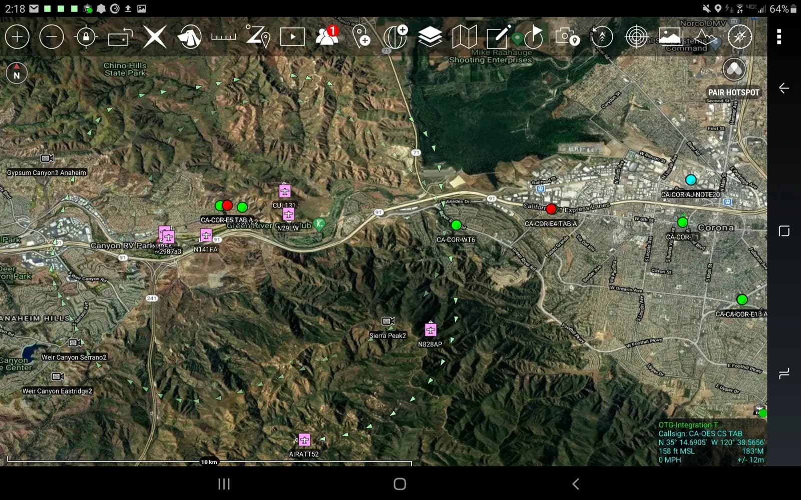 Aircraft tracks displayed in a TAK application
